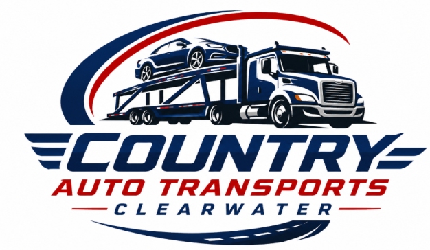 Logo for Country Auto Transports Clearwater featuring a car carrier truck with a car on top, surrounded by swooping red and blue lines and stylized text beneath the image—perfectly capturing the trusted professionalism of FL Auto Transport Clearwater.