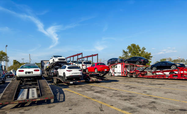 Several cars are loaded onto two large car carrier trailers in a parking lot, preparing for FL Car Shipping Clearwater, FL under a blue sky with light clouds and trees in the background.