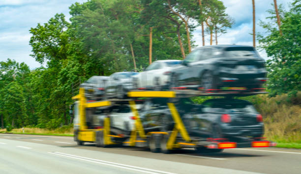 A yellow car carrier truck, part of a Car Transport Clearwater, FL service, transports multiple vehicles on a highway, surrounded by green trees under a partly cloudy sky.